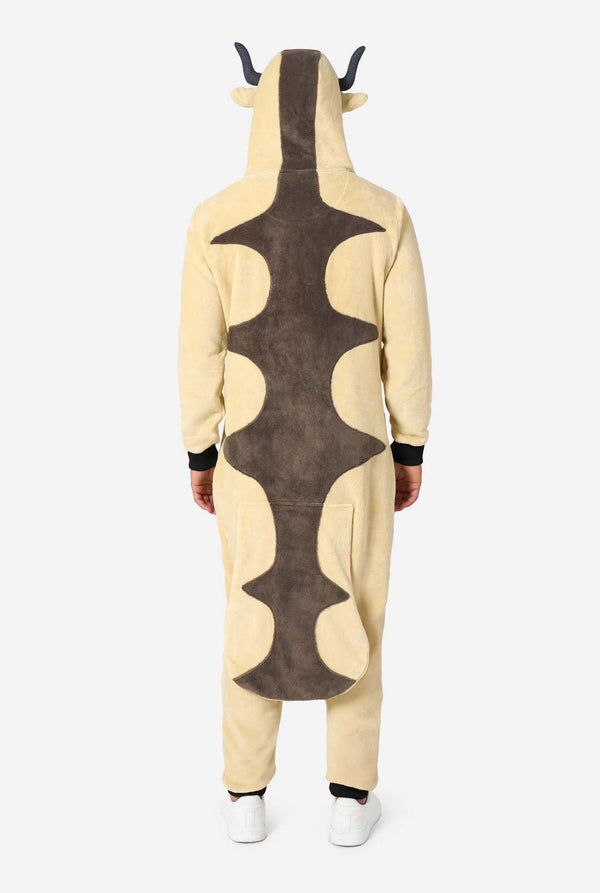 Person wearing an Avatar-themed onesie with horns on a white background