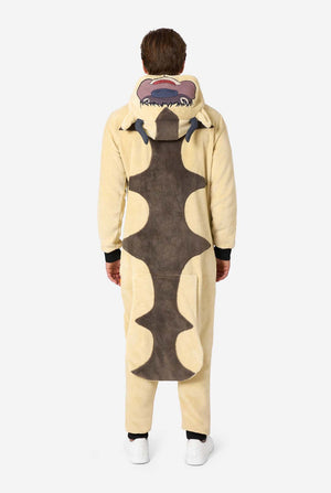 Person wearing a beige and brown onesie with a hood on a white background