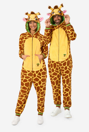 Two people wearing giraffe-themed onesies on a white background. Full body image