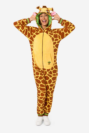 Person wearing a giraffe-themed onesie on a white background. Full body image