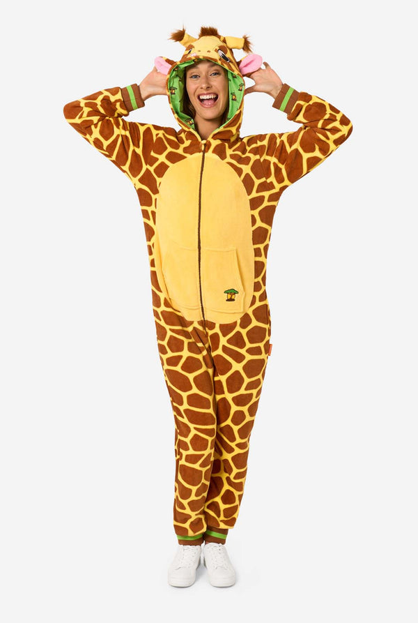 Person wearing a giraffe-themed onesie on a white background. Full body image