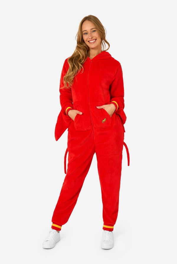 Woman wearing a red lobster onesie on a white background. Full body image