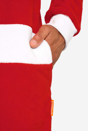 Close-up of a red fleece onesie with the OppoSuits logo on a white background
