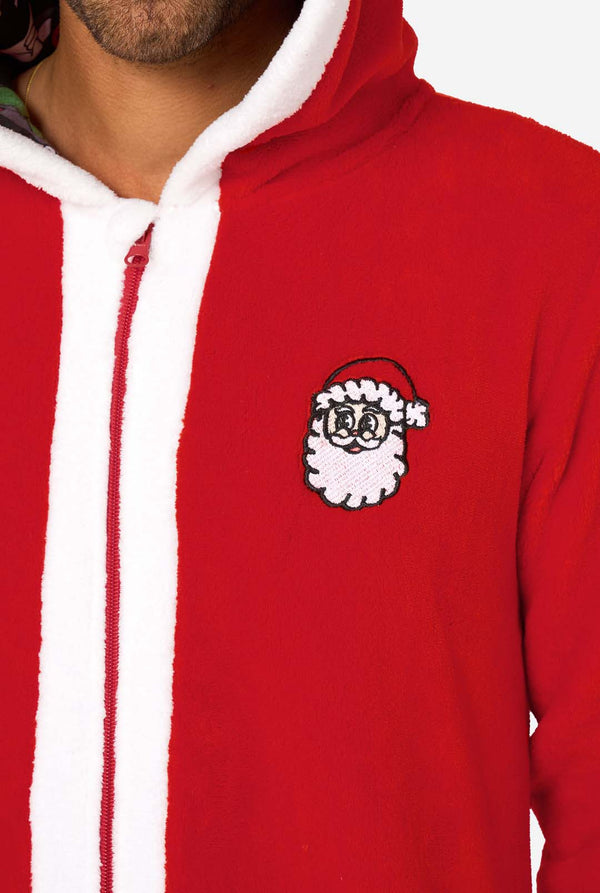 Red onesie with a Santa Claus patch on the chest