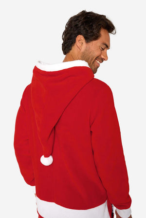 Man wearing a red onesie with a white hood on a white background
