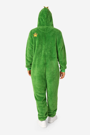Green onesie with a hood on a white background