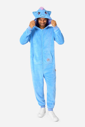 Person wearing a blue My Little Pony onesie with a hood on a white background. Full body image.