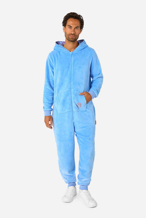 Man wearing a light blue My Little Pony onesie against a white background. Full body image.
