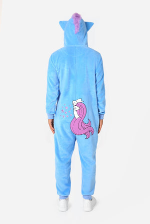 Blue My Little Pony onesie with a pink design on the back against a white background. View from the back.