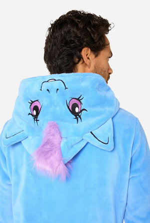 Person wearing a blue My Little Pony onesie with cartoon face design on a white background