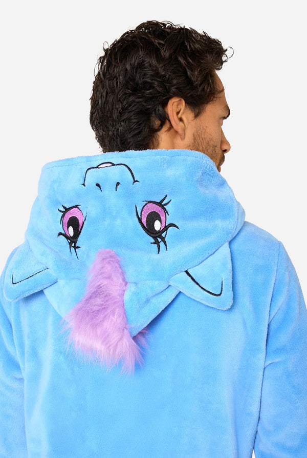 Person wearing a blue My Little Pony onesie with cartoon face design on a white background
