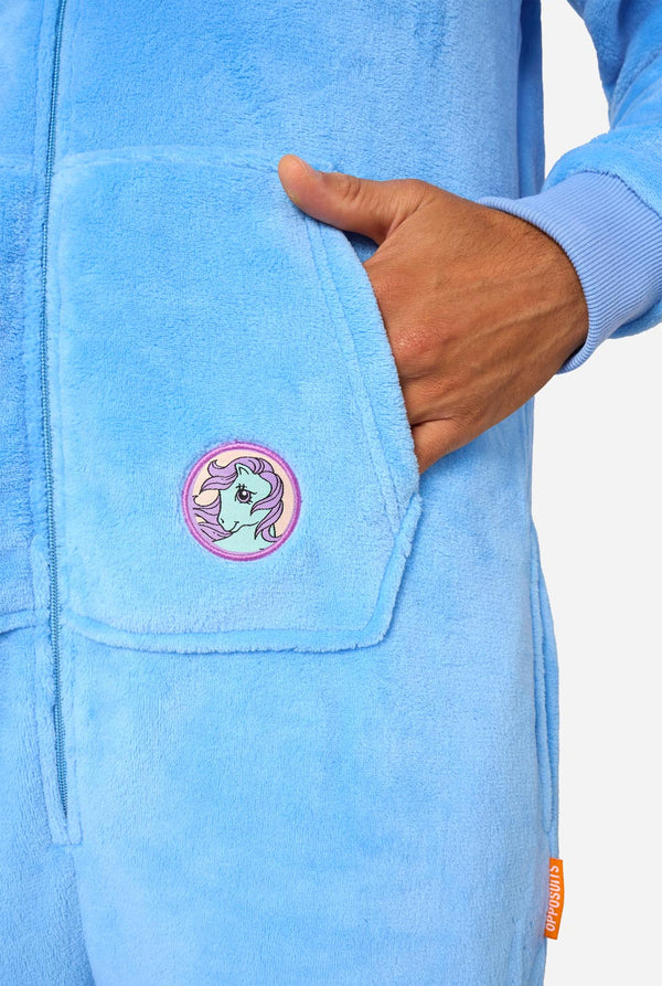 Light blue My Little Pony onesie with a colorful patch on the chest pocket against a white background