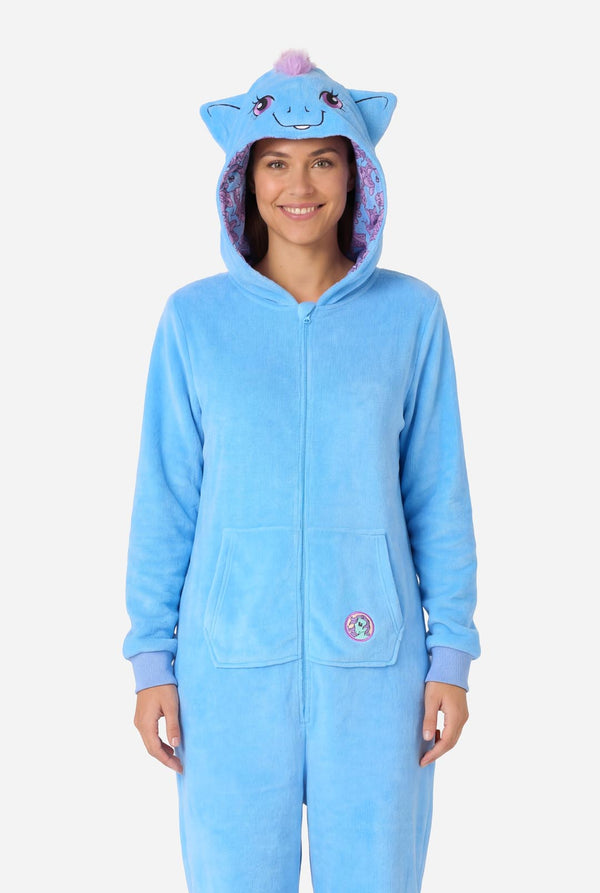 Person wearing a blue My Little Pony onesie with a hood on a white background