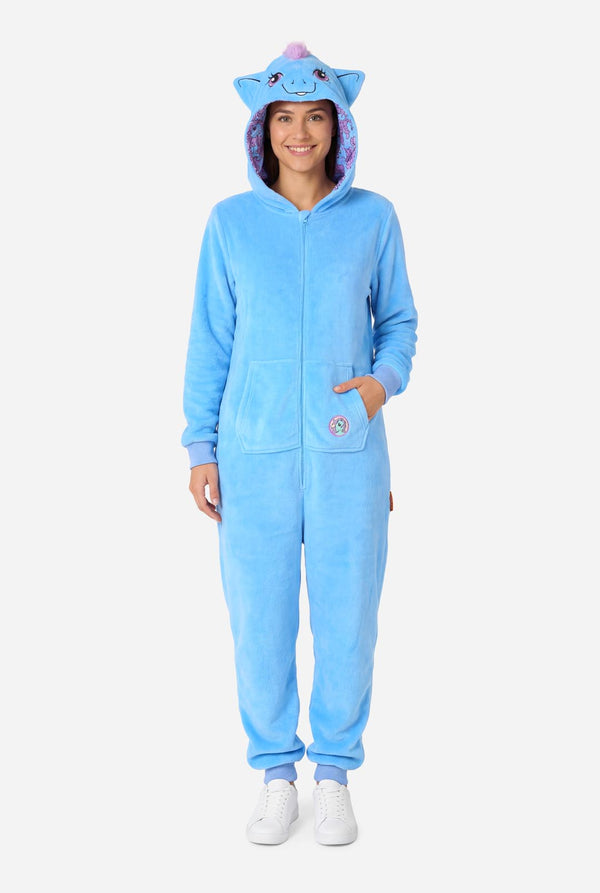Person wearing a blue My Little Pony onesie with a hood on a white background. Full body image.