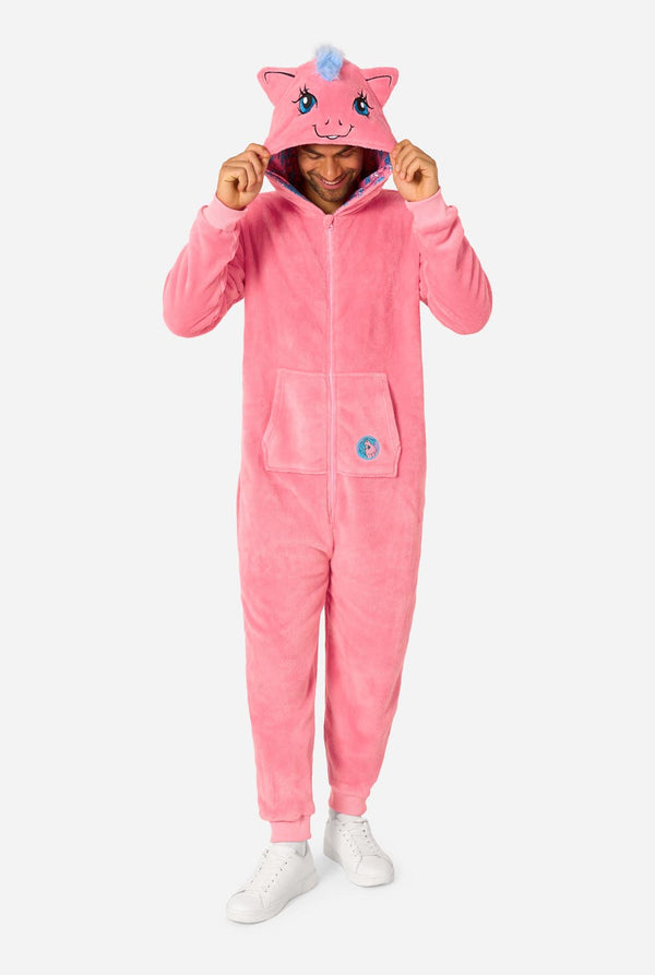 Person wearing a pink My Little Pony onesie with a hood on a white background. Full body image.