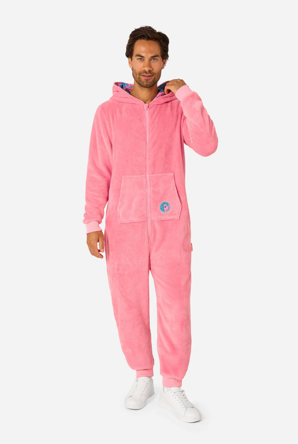 Person wearing a pink My Little Pony onesie with a brand logo on a white background. Full body image