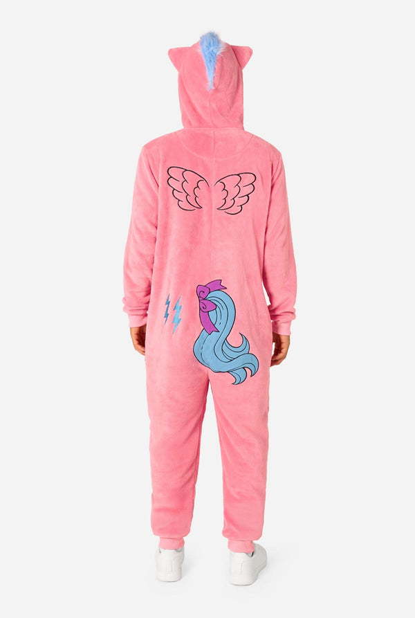 Pink My Little Pony onesie with cartoon design on a white background. View from the back.