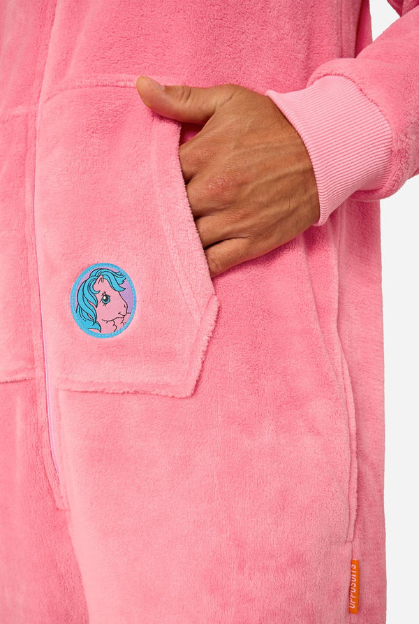Close-up of a pink My Little Pony fleece onesie with a unicorn patch on the chest pocket.