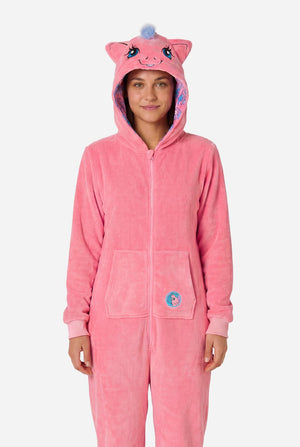 Person wearing a pink My Little Pony onesie with a hood on a white background
