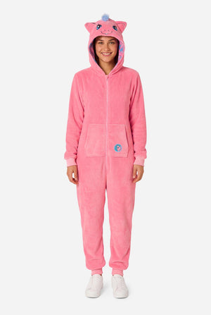 Person wearing a pink My Little Pony onesie with a hood on a white background. Full body image.