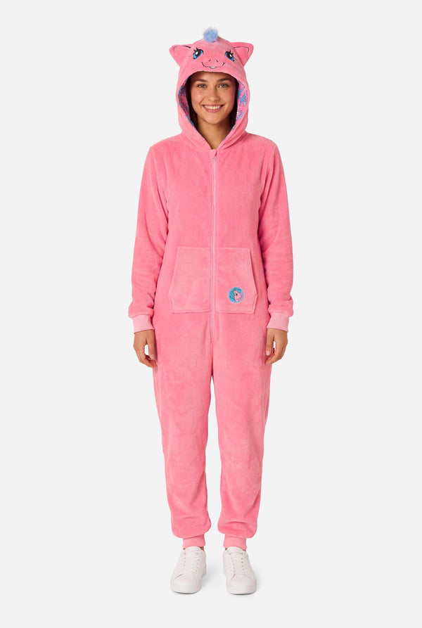 Person wearing a pink My Little Pony onesie with a hood on a white background. Full body image.