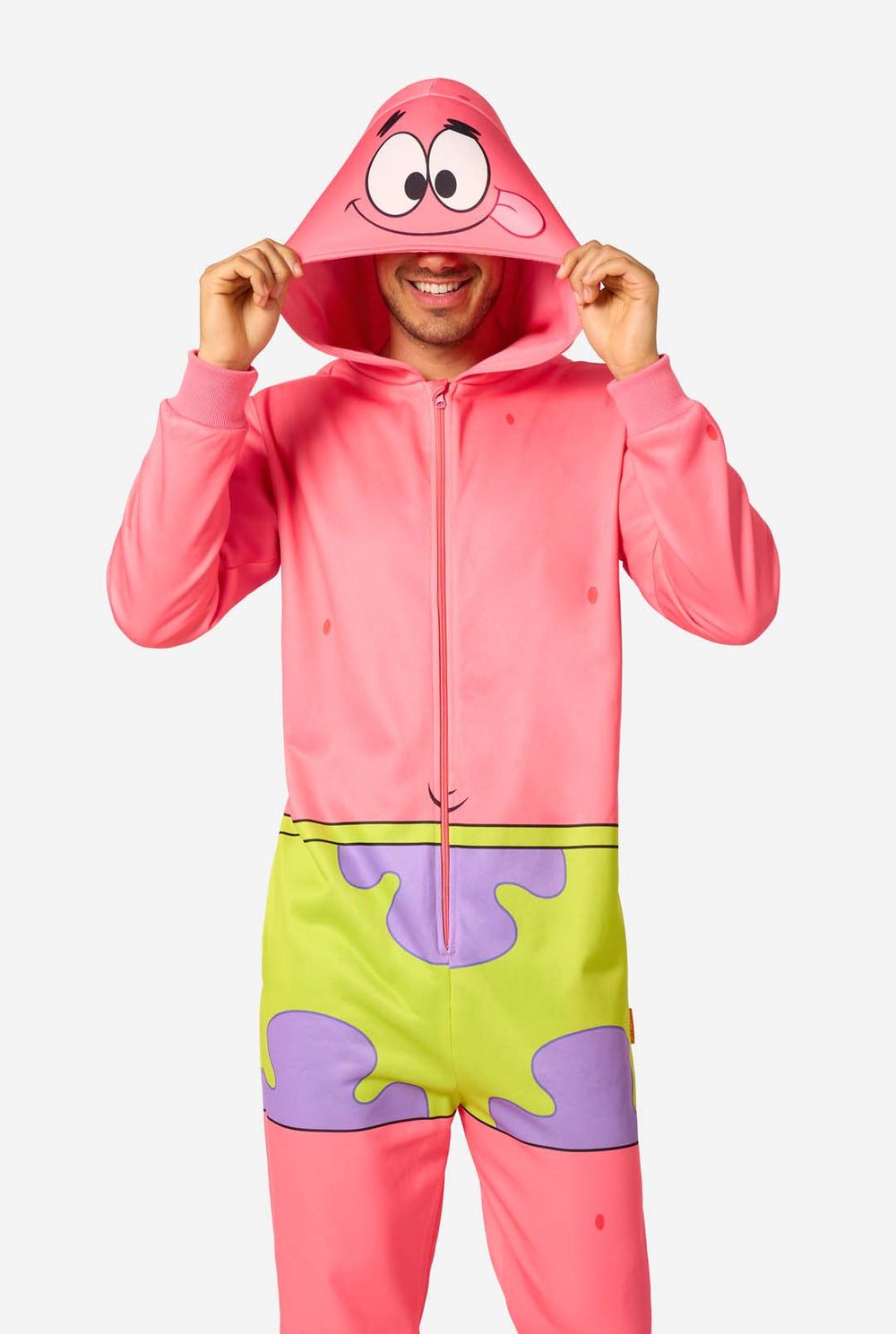 Person wearing a pink onesie with Spongebob character design on a white background