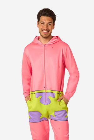 Person wearing a pink Spongebob-themed onesie on a white background