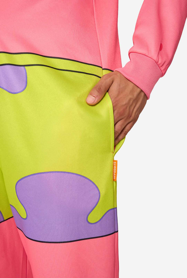 Colorful onesie with pink, green, and purple design on a white background