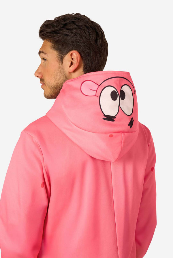 Person wearing a pink onesie with a Spongebob character design on the back against a white background