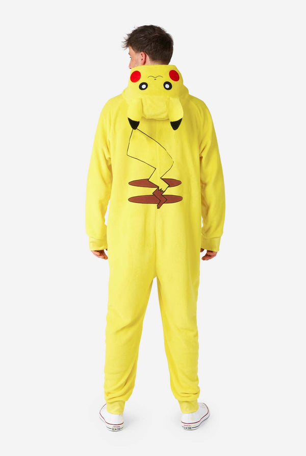 A man is wearing a vibrant Pikachu onesie, designed to resemble the iconic Pokémon character. This unisex adult onesie is bright yellow with Pikachu’s recognizable face on the hood, featuring large black-tipped ears, black eyes, red cheeks, and a cute smile. The onesie has a convenient front zipper closure and two front pockets for functionality and comfort. The soft, cozy material makes it perfect for lounging, cosplay events, or Pokémon-themed gatherings. View from the back.