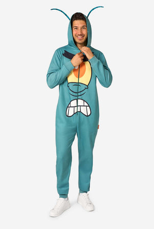 Person wearing a teal plankton Spongebob-themed onesie with a cartoon character design on a white background. Full body image