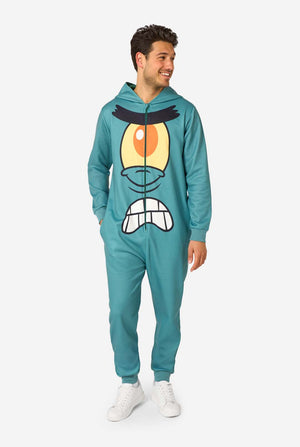 Person wearing a teal plankton Spongebob-themed onesie with a cartoon face design on a white background. Full body image