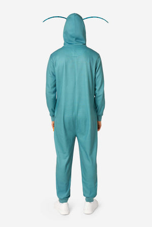 teal plankton Spongebob-themed onesie with antennae on a white background. View from the back