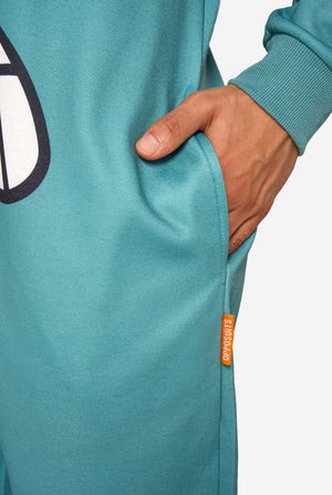 teal plankton Spongebob-themed onesie with the OppoSuits logo and a hand touching the fabric, on a white background