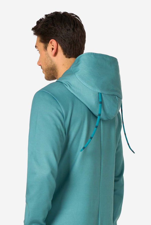 Man wearing a teal plankton Spongebob-themed onesie from behind on a white background