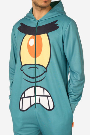 Teal plankton Spongebob-themed onesie with a cartoon face design on a white background