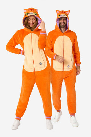 Two people wearing orange cat-themed onesies on a white background. Full body image