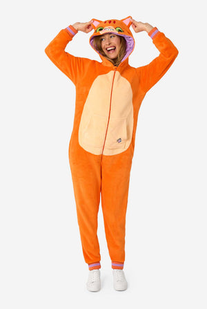 Person wearing an orange cat onesie with a hood on a white background. Full body image