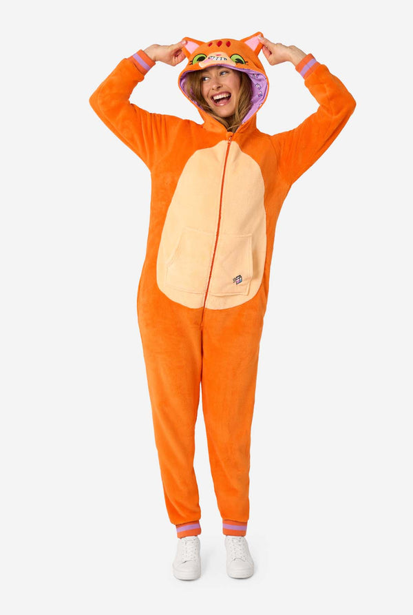 Person wearing an orange cat onesie with a hood on a white background. Full body image