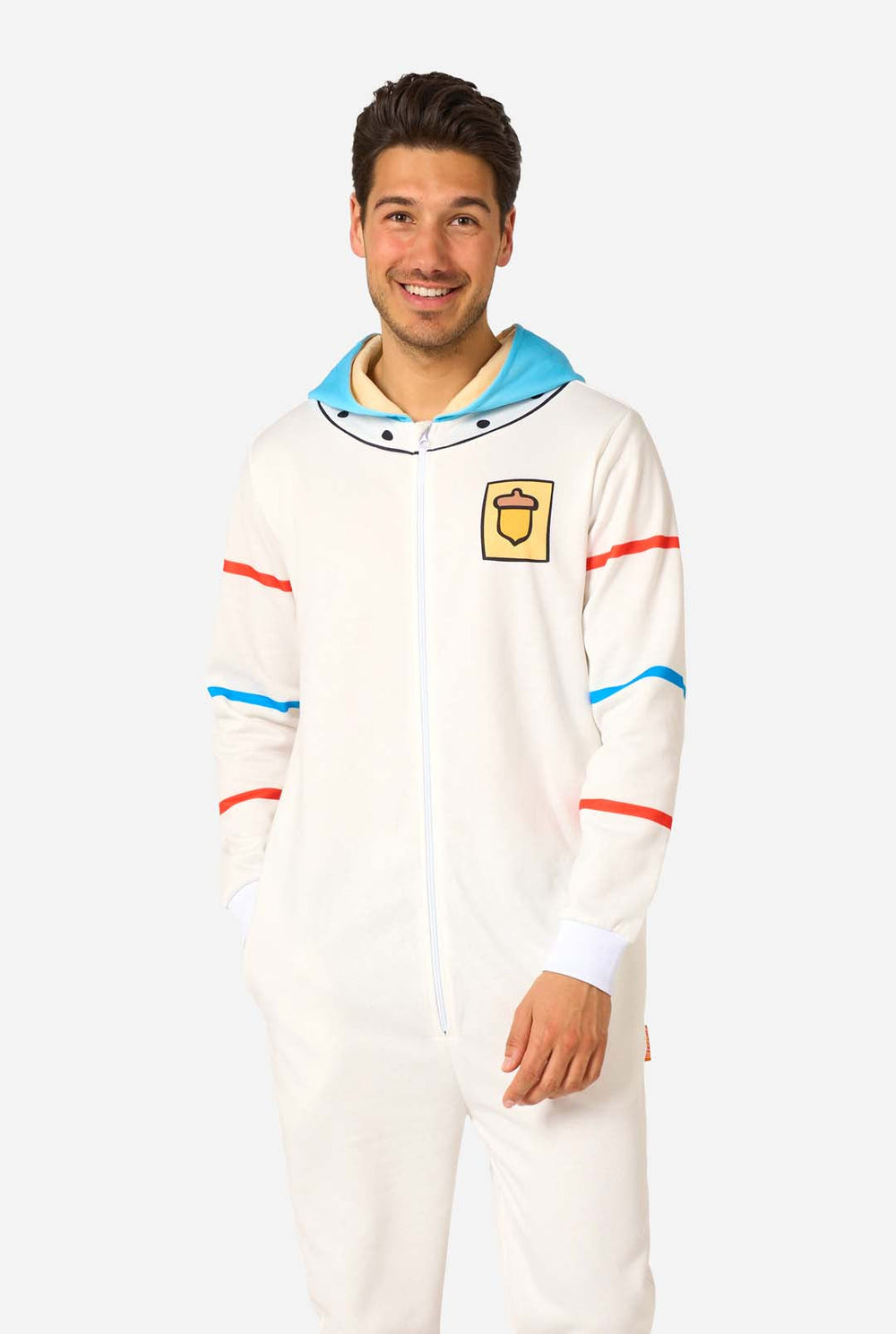 Person wearing a Sandy character onesie with a white background