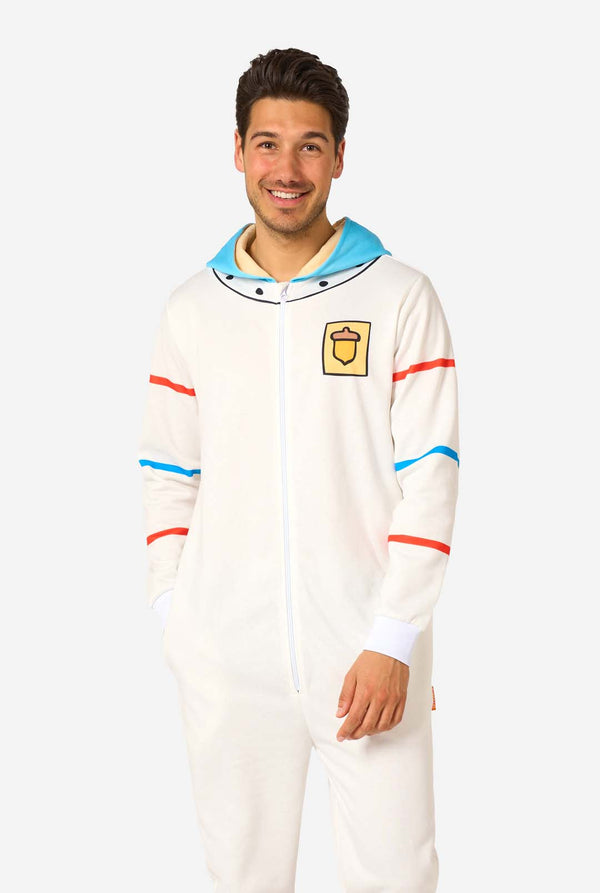 Person wearing a white onesie with colorful accents on a white background