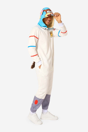 Person wearing a Sandy character onesie on a white background