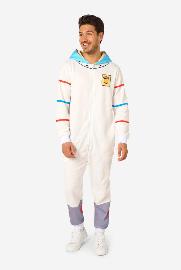 Person wearing a white Sandy onesie with colorful accents on a white background. Full body image