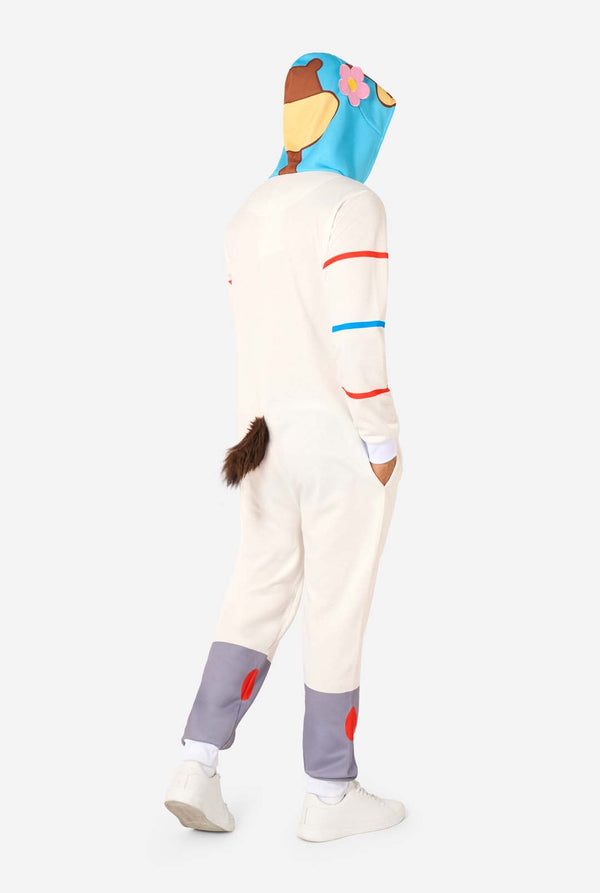 Person wearing a Sandy onesie with a colorful hood on a white background