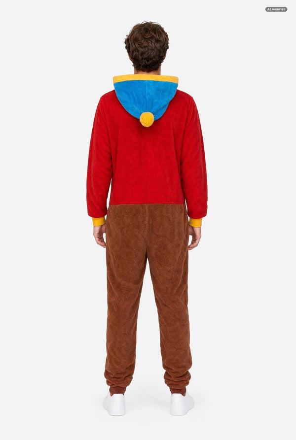 A man wearing a South Park Stan Onesie, red and brown hooded zip-up onesie pajama with a blue and yellow hood, yellow cuffs, a South Park patch on the sleeve, and brown pants, photographed against a light gray studio background. View from the back.
