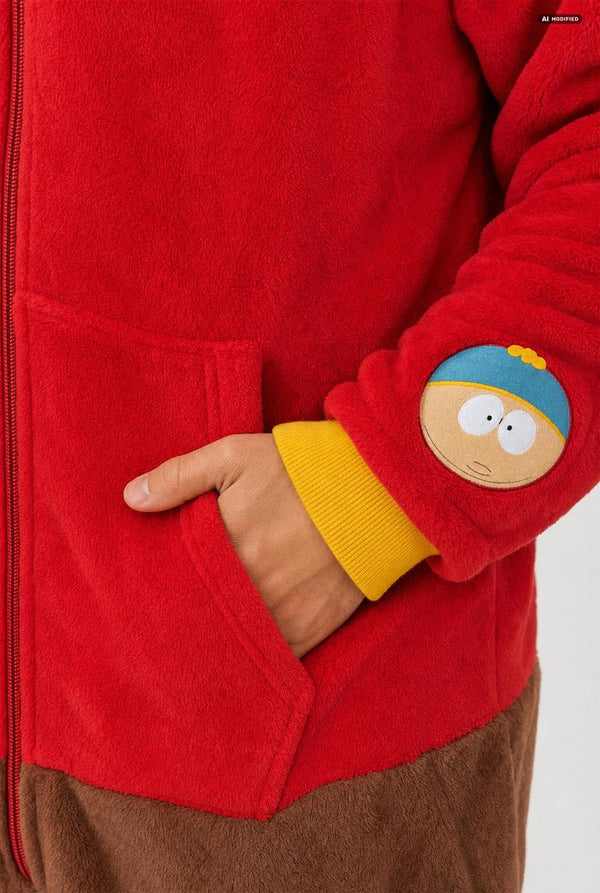 A man wearing a South Park Stan Onesie, red and brown hooded zip-up onesie pajama with a blue and yellow hood, yellow cuffs, a South Park patch on the sleeve, and brown pants, photographed against a light gray studio background. Sleeve close up.