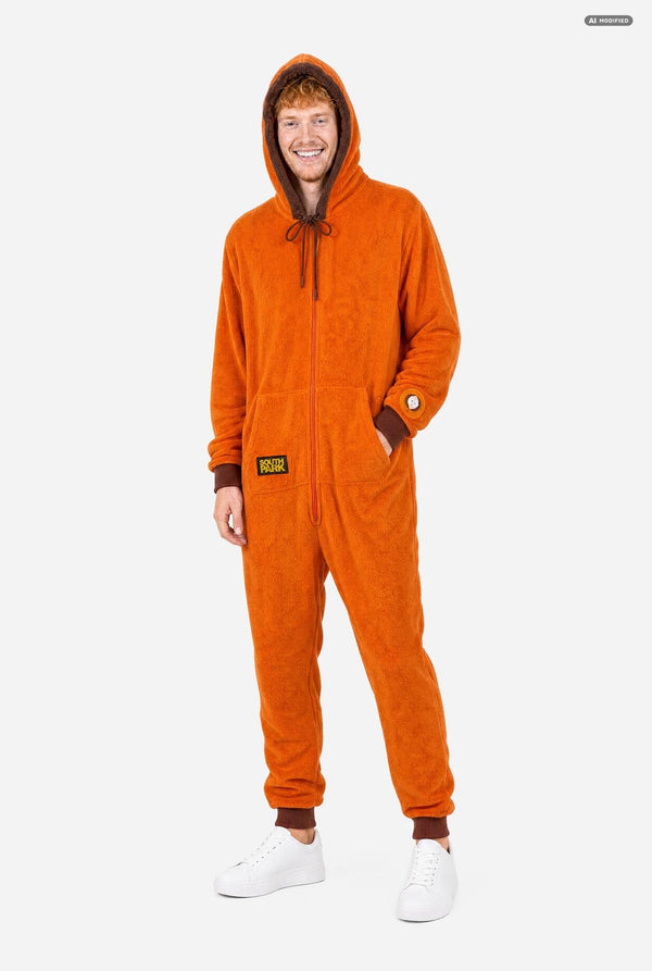 A smiling man wearing an orange South Park Kenny onesie with brown drawstrings and cuffs, standing against a light gray background. A small patch on the left leg reads 'South Park'. Full body image.