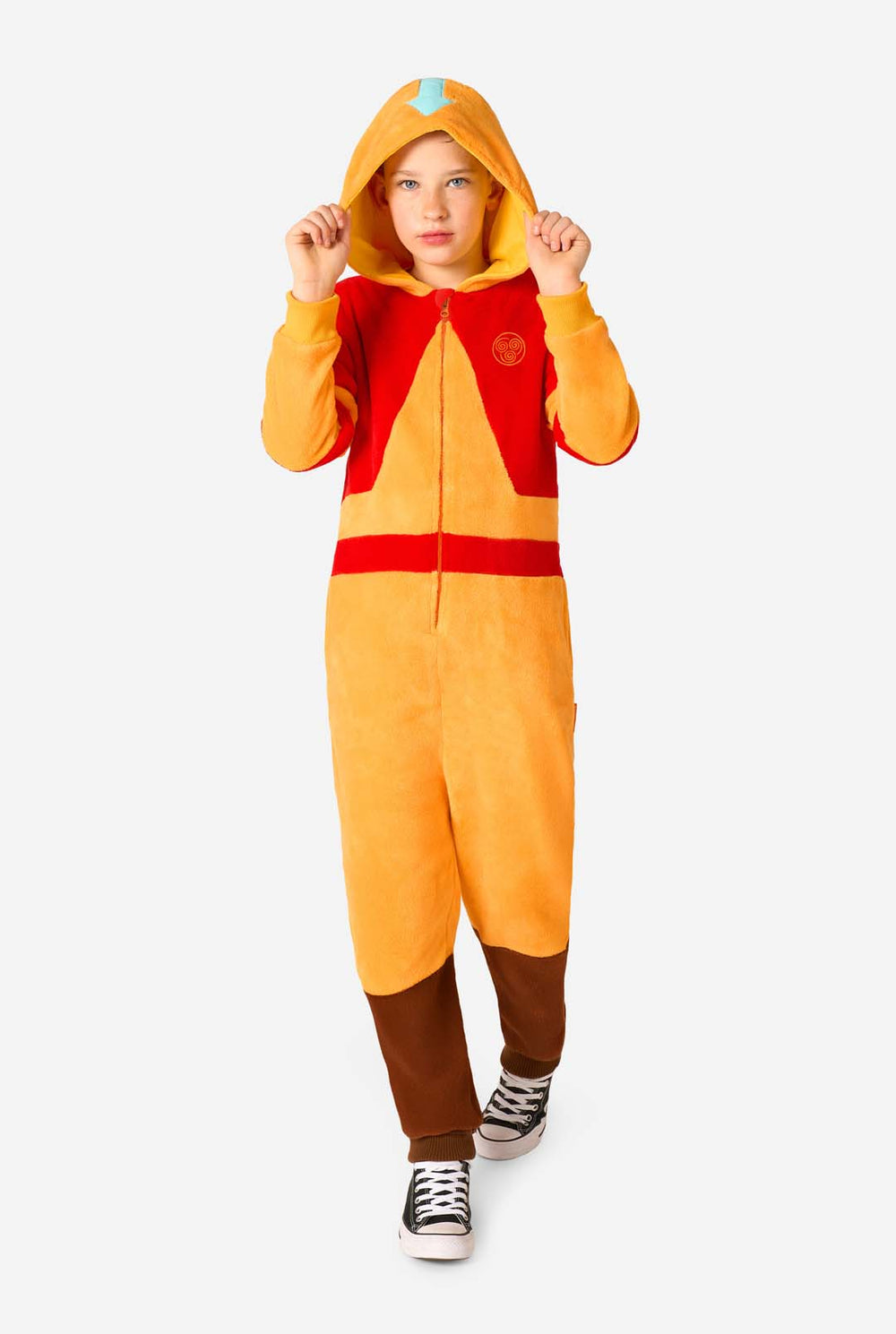 Child wearing a red and orange onesie with a hood on a white background