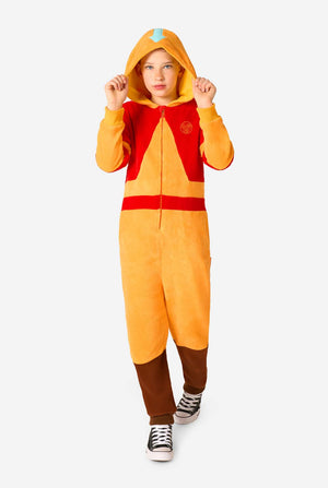 Person wearing a colorful onesie with a hood on a white background