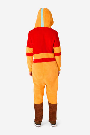 Person wearing a colorful onesie with a hood on a white background